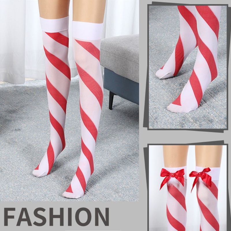 Tất Dài Đính Nơ Họa Tiết Kẻ Sọc Dễ Thương Cho Nữ