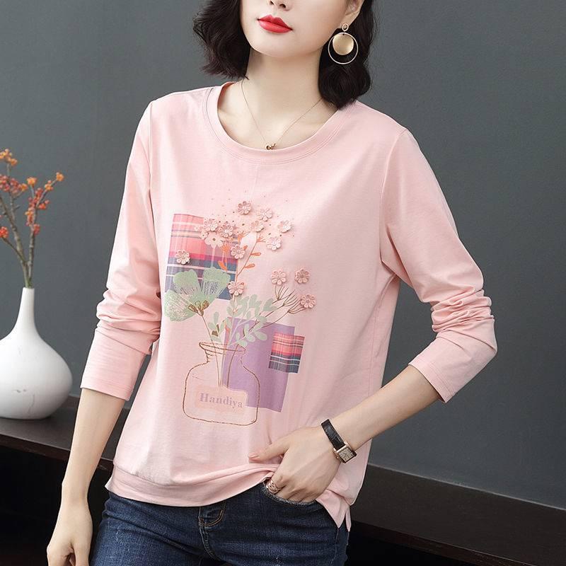 Áo thun tay dài cổ tròn in họa tiết thời trang cho phụ nữ trung niên