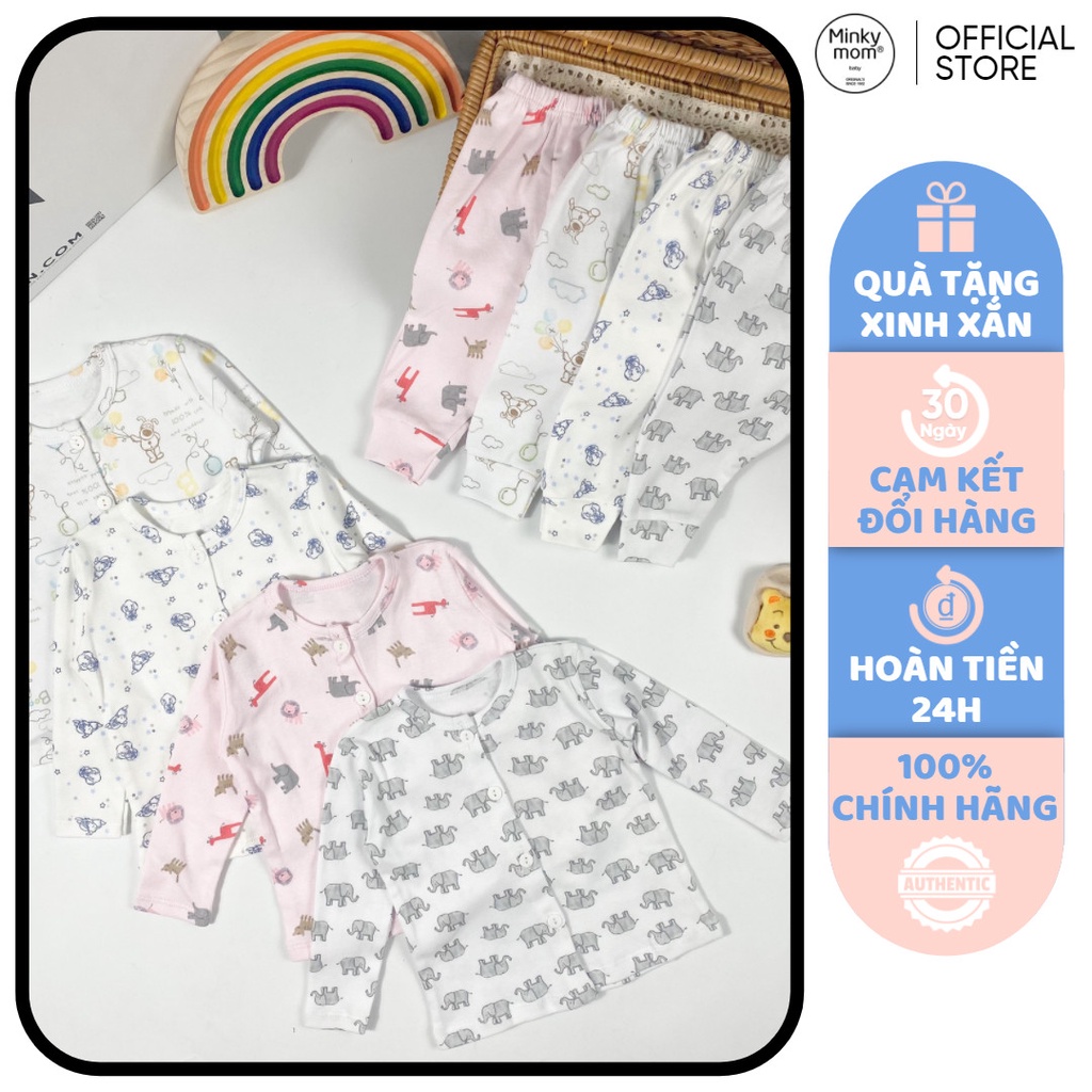 [SALE] Bộ Quần Áo Bé Gái, Bé Trai Minky Mom Vải Cotton Borip Động Vật, Bộ Sơ Sinh Dài Tay Cho Bé MKMSS2104