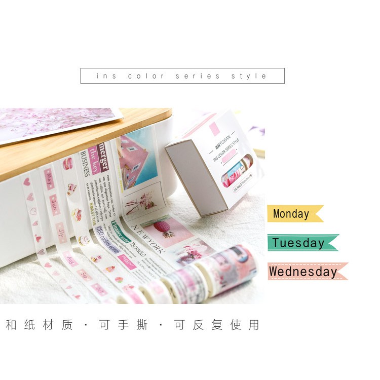 Hộp 5 cuộn băng dính trang trí washi tape ins color series style