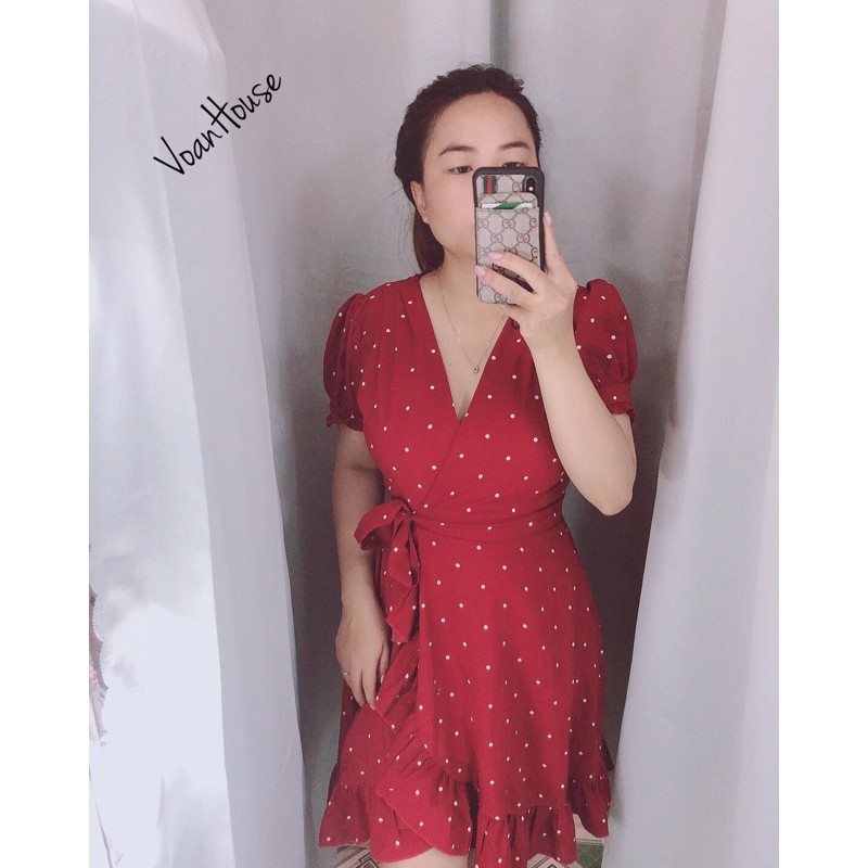 Đầm bi đỏ bèo thắt nơ eo