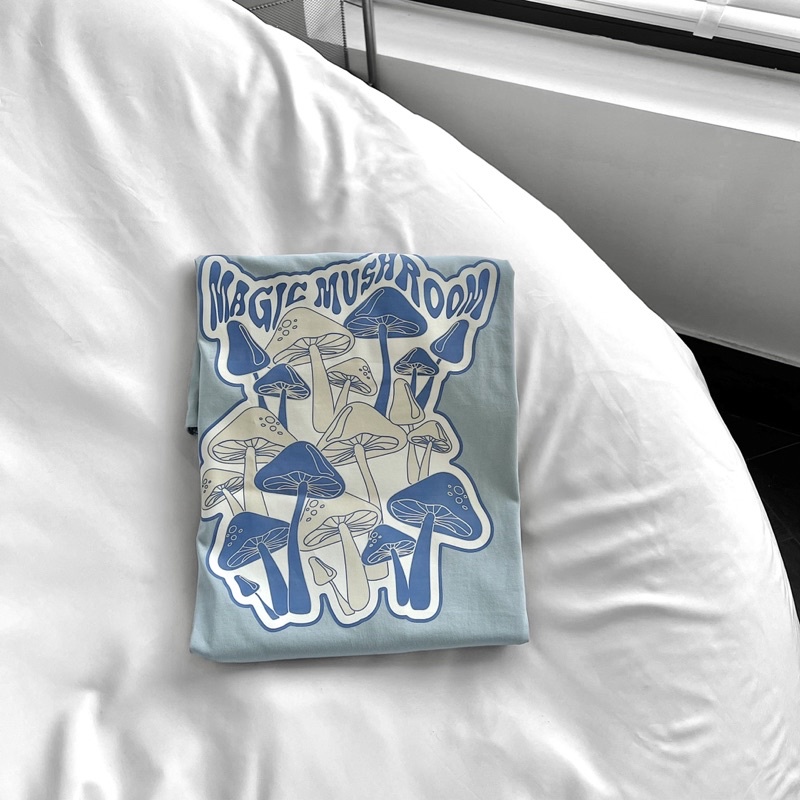 Áo thun tay lỡ nam nữ,in hình Mushroom màu xanh