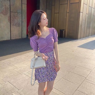 Set áo tím kèm chân váy hoa dành cho nữ