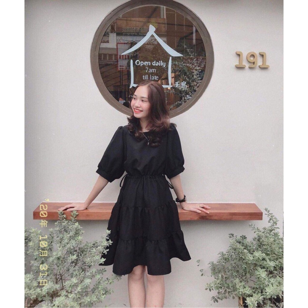 Đầm Nữ Tay Lỡ 3 Tầng Dây Eo 🦋 Váy Nữ Dáng Lỡ Buộc Eo 2 Màu Đen Trắng