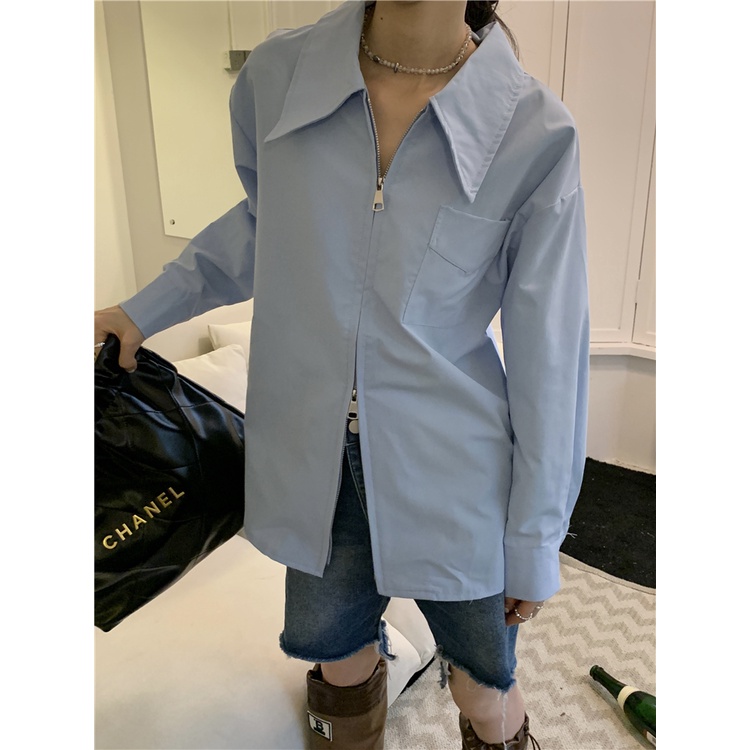 Áo Sơ Mi Tay Dài Có Khóa Kéo Đôi Dáng Rộng Màu Trơn Thời Trang Hàn Quốc Cổ Điển Dành Cho Bạn Nữ