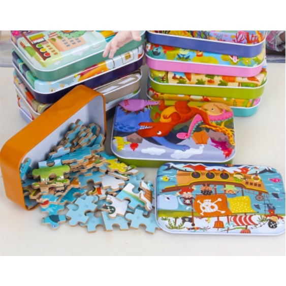 Đồ chơi bộ tranh xếp hình, ghép hình bằng gỗ 60 mảnh puzzle có hộp thiếc cho bé - tranh ghép gỗ 60 miếng