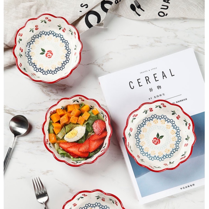 Bộ bát đĩa Cherry gốm sứ, thố Cherry handmade viền sóng dễ thương, hình trái tim độc đáo Hàn Quốc Nhật Bản KITCAT STORE