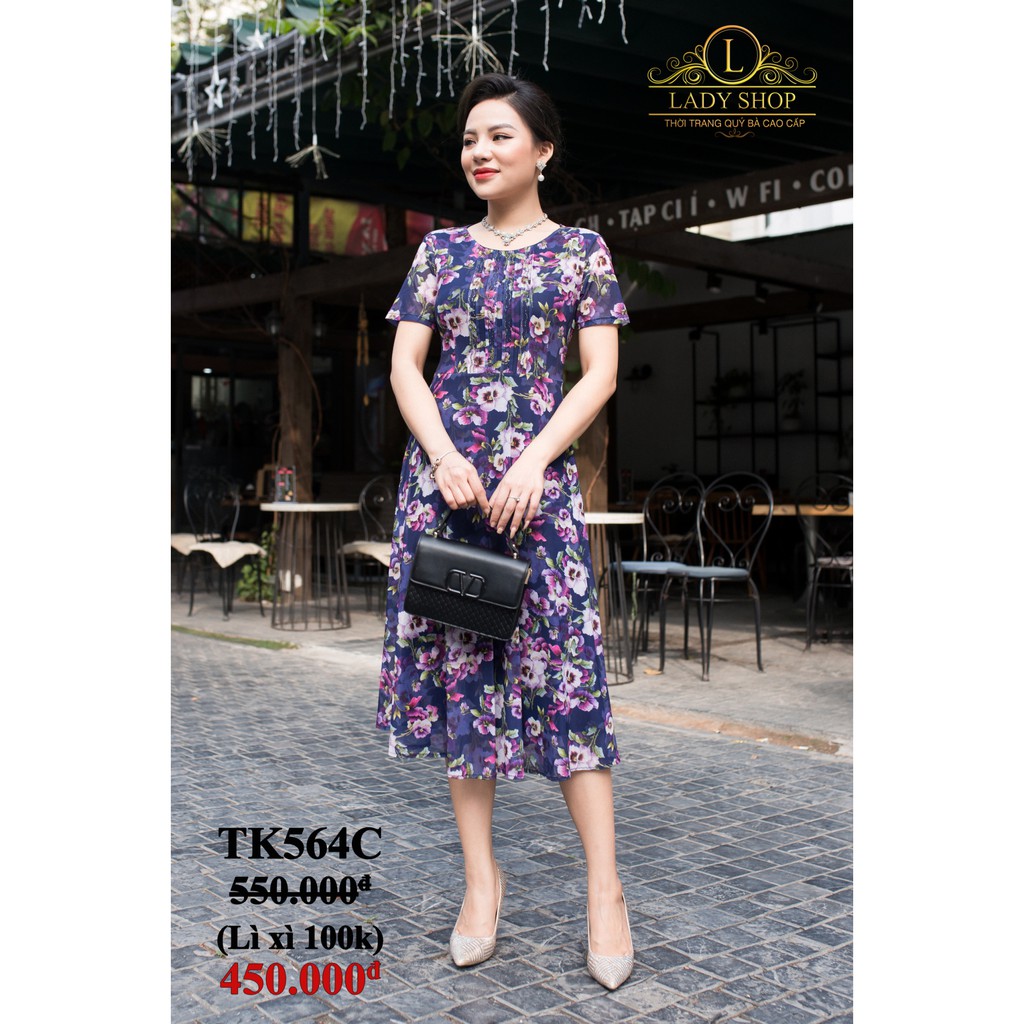 Đầm trung niên đầm Quý bà cao cấp Ladyshop Đầm xòe thun lưới ngực xếp ly dập đá pha lê TK564