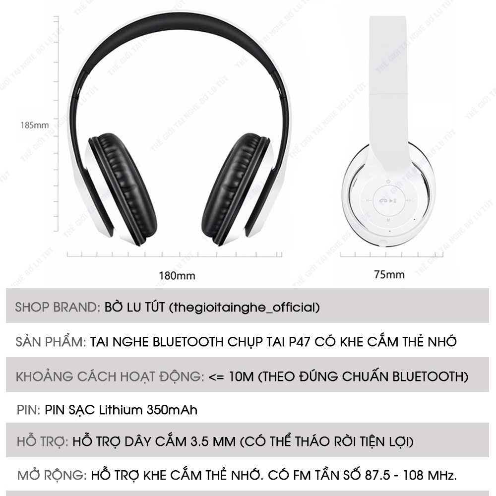 Tai nghe Bluetooth chụp tai P47 chính hãng có khe cắm thẻ nhớ nhiều màu sắc âm thanh HiFi trung thực cao - Bờ Lu Tút