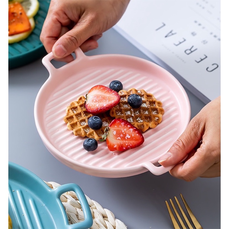 Khay nướng tròn 2 quai, đĩa sứ decor bàn ăn kiểu Bắc Âu