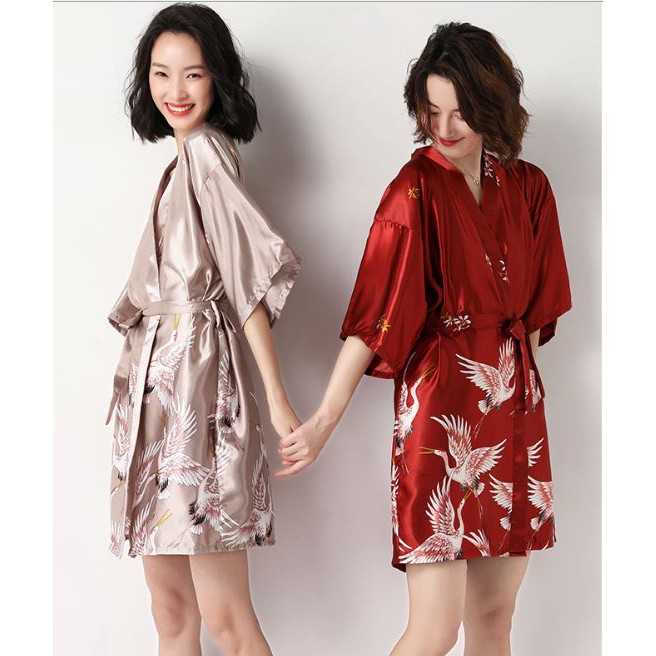 Áo Choàng Tắm - Kimono Ngủ Lụa Cao Cấp In Hình Chim Hạc Sang Trọng Yukata Mặc Nhà IVY254