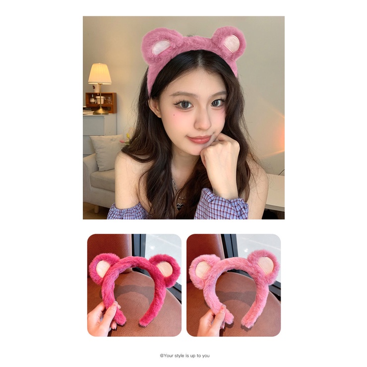 Băng Đô Cài Tóc Hình Gấu / Dâu Tây Phủ Lông Chống Trượt Thời Trang Thu Đông Cho Nữ