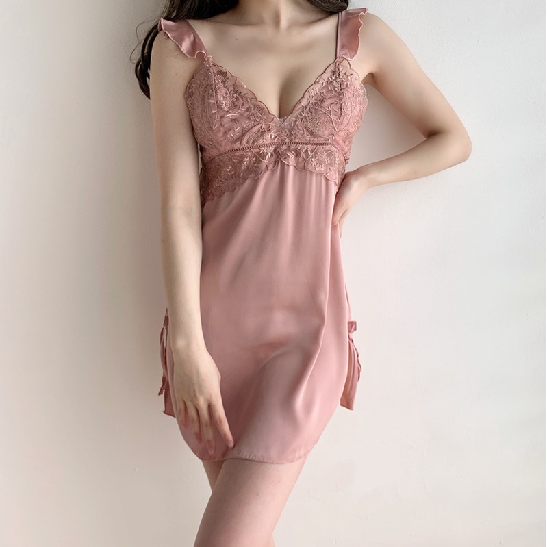 Đầm Ngủ Hai Dây Phối Ren Thêu Họa Tiết Thời Trang Quyến Rũ Cho Nữ