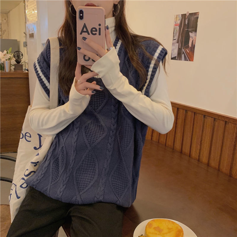 Áo len không tay dáng rộng cổ V phong cách xuân thu Hàn Quốc thiết kế thời trang cho nữ
