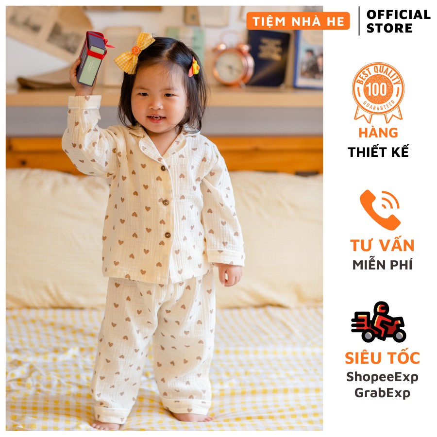 Bộ Đồ Ngủ Pijama Cho Bé Gái Tiệm Nhà He Set Quần Áo Trẻ Em Dài Tay Mặc Nhà Chất Muslin Cao Cấp