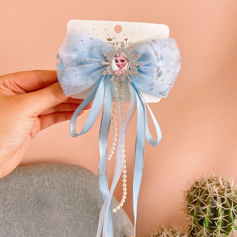 Phụ kiện kẹp tóc ruy băng dài Hóa trang công chúa Elsa cho bé gái