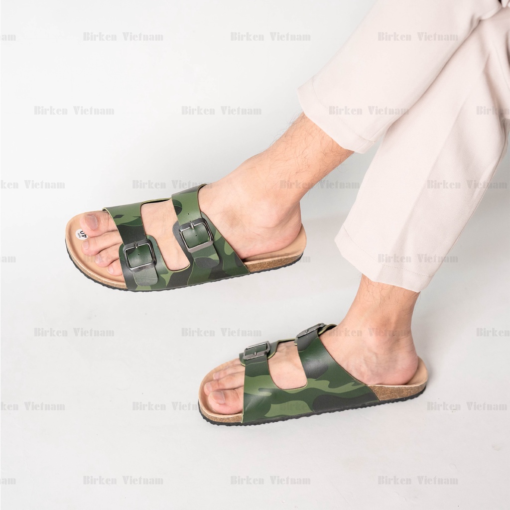 Mã R01 DÉP ĐẾ TRẤU Da PU Camo Rằn Ri Hai Quai Ngang Unisex Birken Vietnam Bioline