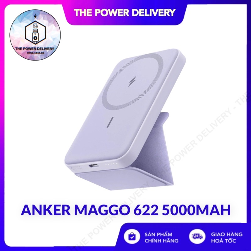Sạc dự phòng không dây ANKER Maggo 622 màu tím hít từ tính 5000mah PD 15w cực nhỏ gọn tích hợp chân đế kê điện thoại
