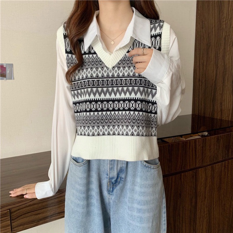 áo gile len,áo ghile thổ cẩm hoạ tiết đen trắng hàng quảng châu cao cấp A650 Noiyxanh nội y xanh chất len quảng châu