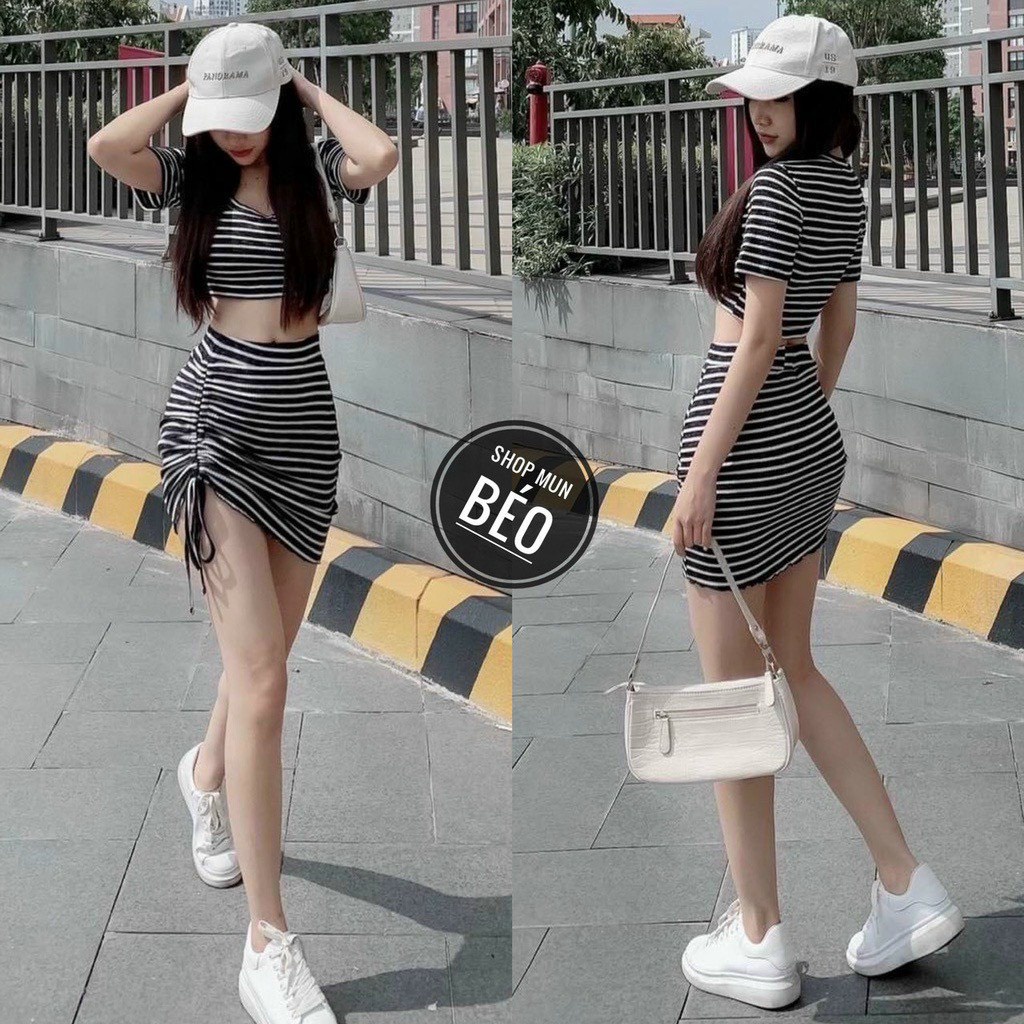 Sét bộ sọc áo kiểu croptop cổ U phối chân váy rút dây chéo bên cực xinh , chất thun gân mềm mịn