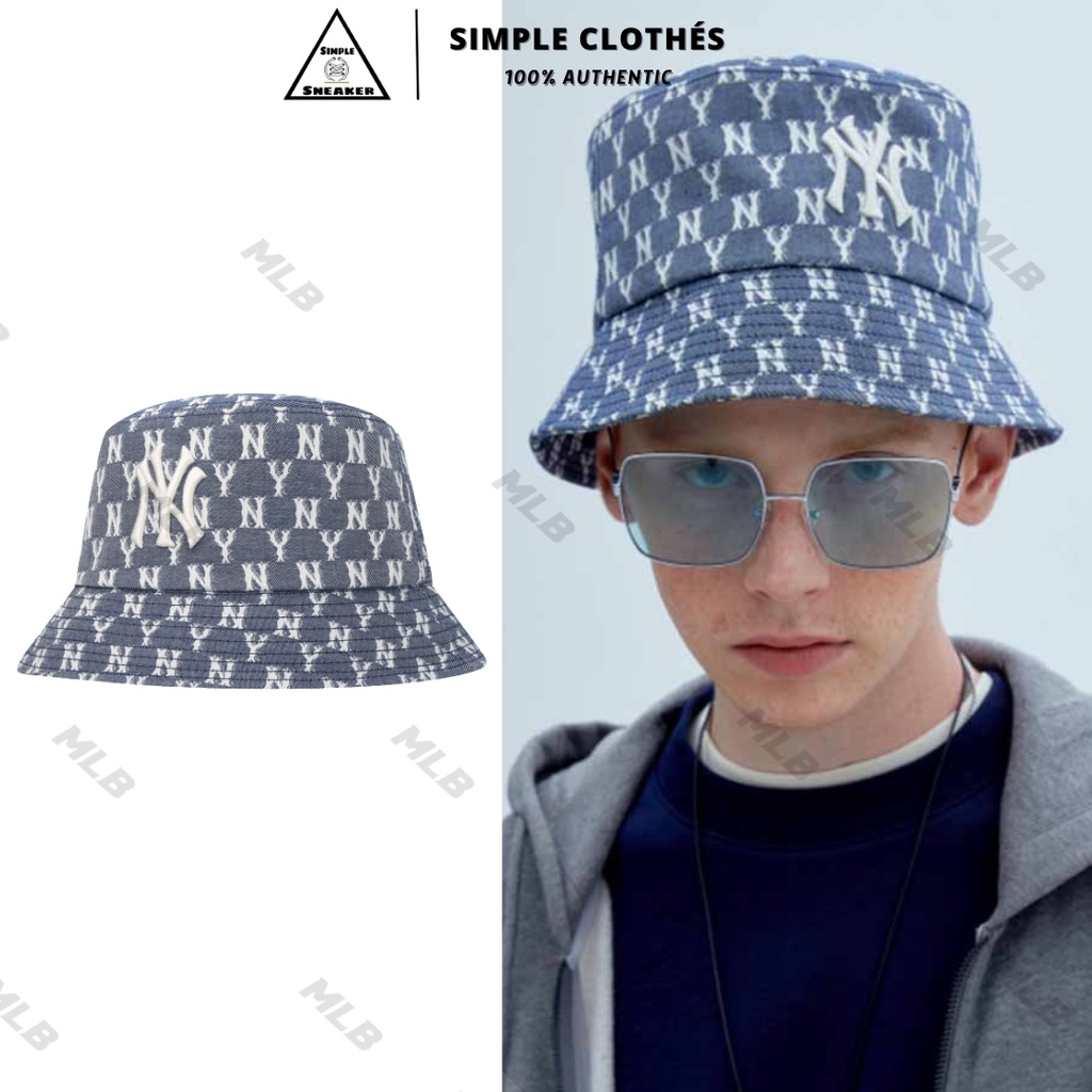 Mũ MLB MONOGRAM BLUE JACQUARD BUCKET HAT 🔥CHÍNH HÃNG🔥Nón Vành Tròn Màu Xanh Bò MLB  - SIMPLE SNEAKER