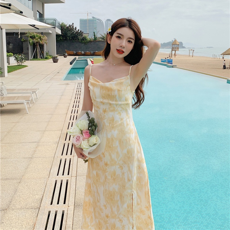 Đầm dài IELGY không tay xẻ tà in họa tiết hoa thời trang mùa hè dành cho nữ