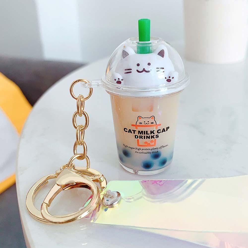 Móc Khóa Hình Ly Trà Sữa Bằng Acrylic In Chữ Và Mèo Dễ Thương Sáng Tạo