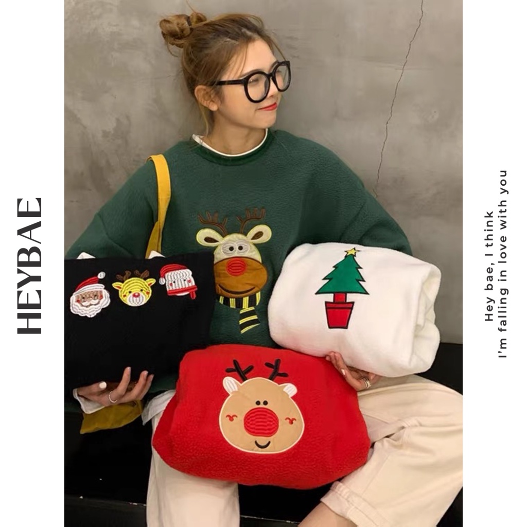 Áo sweater oversize Xmas HEYBAE vải nỉ ngoại dáng rộng hoạ tiết Giáng sinh có mũ dài tay nỉ dày dặn AK052 | BigBuy360 - bigbuy360.vn