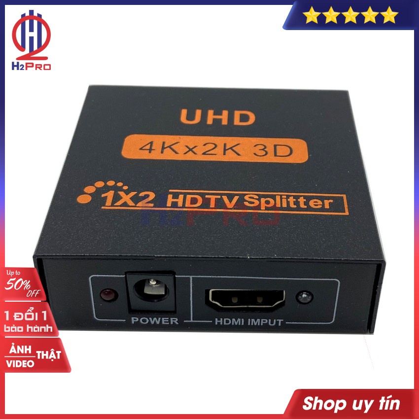 Bộ Chia HDMI Splitter 1 ra 2 H2pro cao cấp chuẩn 4K-3D-chất lượng cao chuẩn đầu vào, hàng hãng (tặng củ sạc 5V-1A 50k)