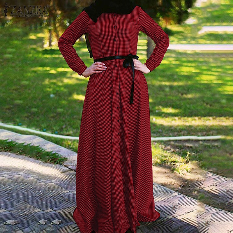 Đầm maxi ZANZEA tay dài cài nút in họa tiết caro thời trang dành cho phụ nữ hồi giáo