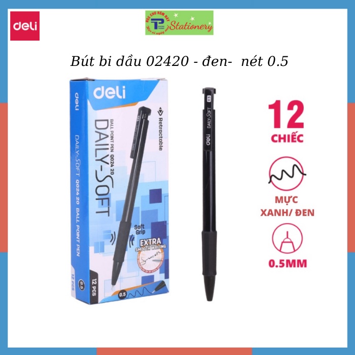 Bút Bi Dầu Deli Ngòi 0.5mm,07mm, 1mm Trơn Tru - Đầu Bấm Tiện Lợi - Mực Xanh/ Đen/ Đỏ mẫu ngẫu nhiên