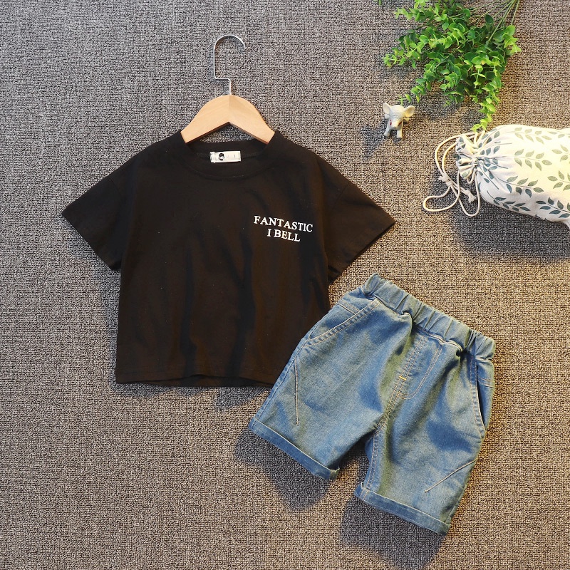 Set áo thun tay ngắn in hình khủng long + quần short denim cao cấp cho bé trai 0-5 tuổi