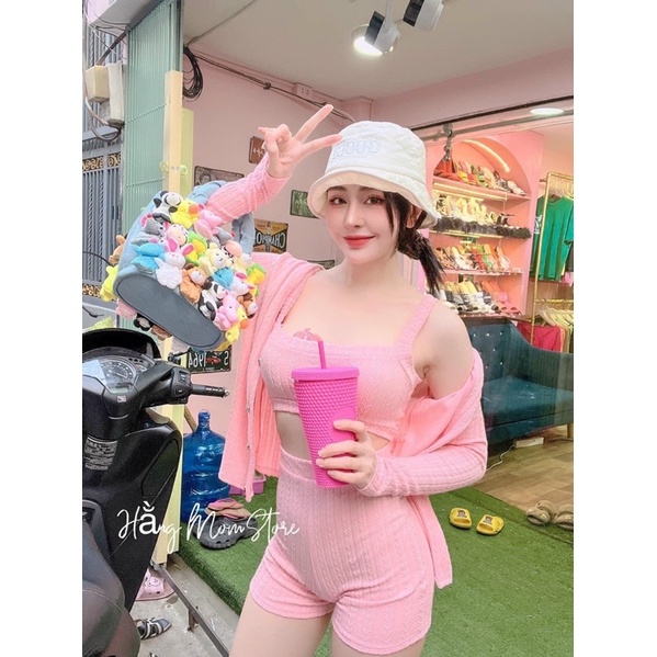Set Bộ 3 Món Áo Croptop Dây Bản To Short Siêu Cao Kèm Khoác Dài Gân Xương Cá