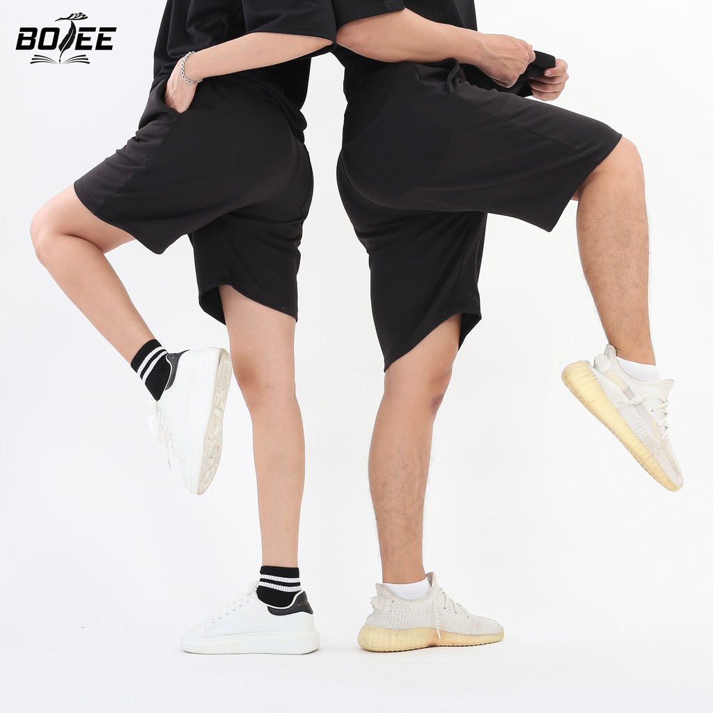 Quần short thun baisc BOTEE đen unisex nam nữ lưng thun ống rộng | BigBuy360 - bigbuy360.vn