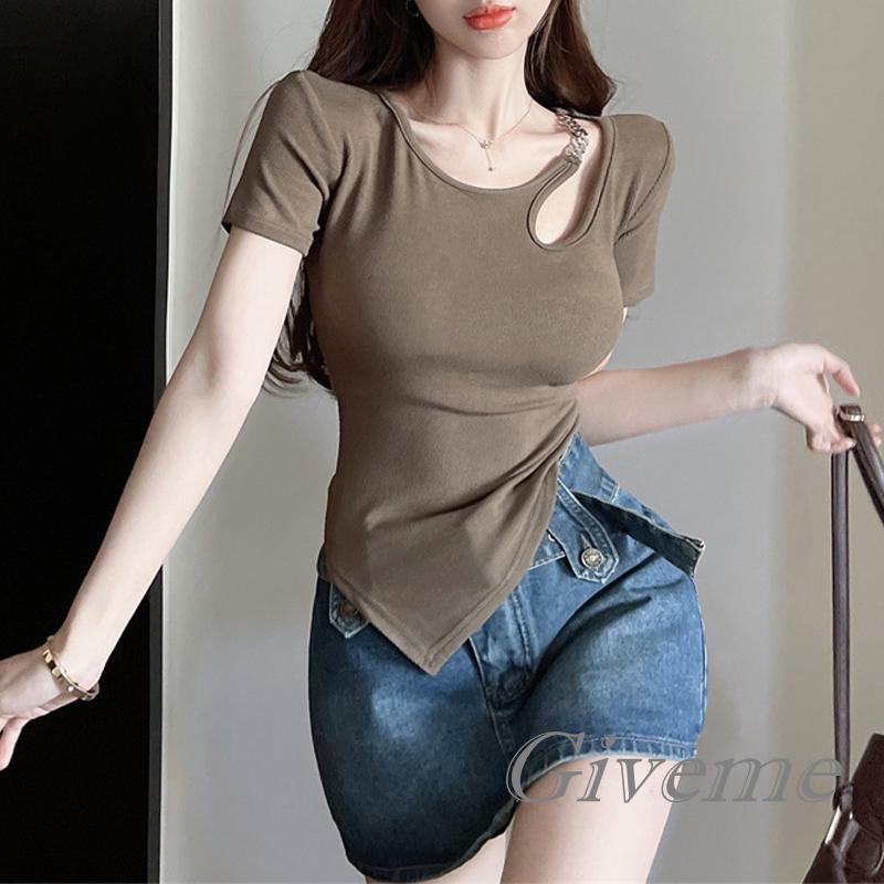Áo Thun Tay Ngắn Phối Dây Xích Kim Loại Thời Trang Xuân Hè Cho Nữ