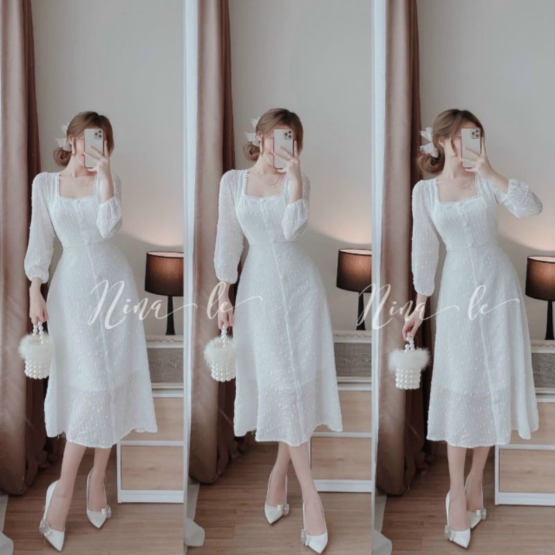 Đầm dự tiệc trắng cỗ vuông tay phồng dáng dài (Hàng có sẵn) | BigBuy360 - bigbuy360.vn