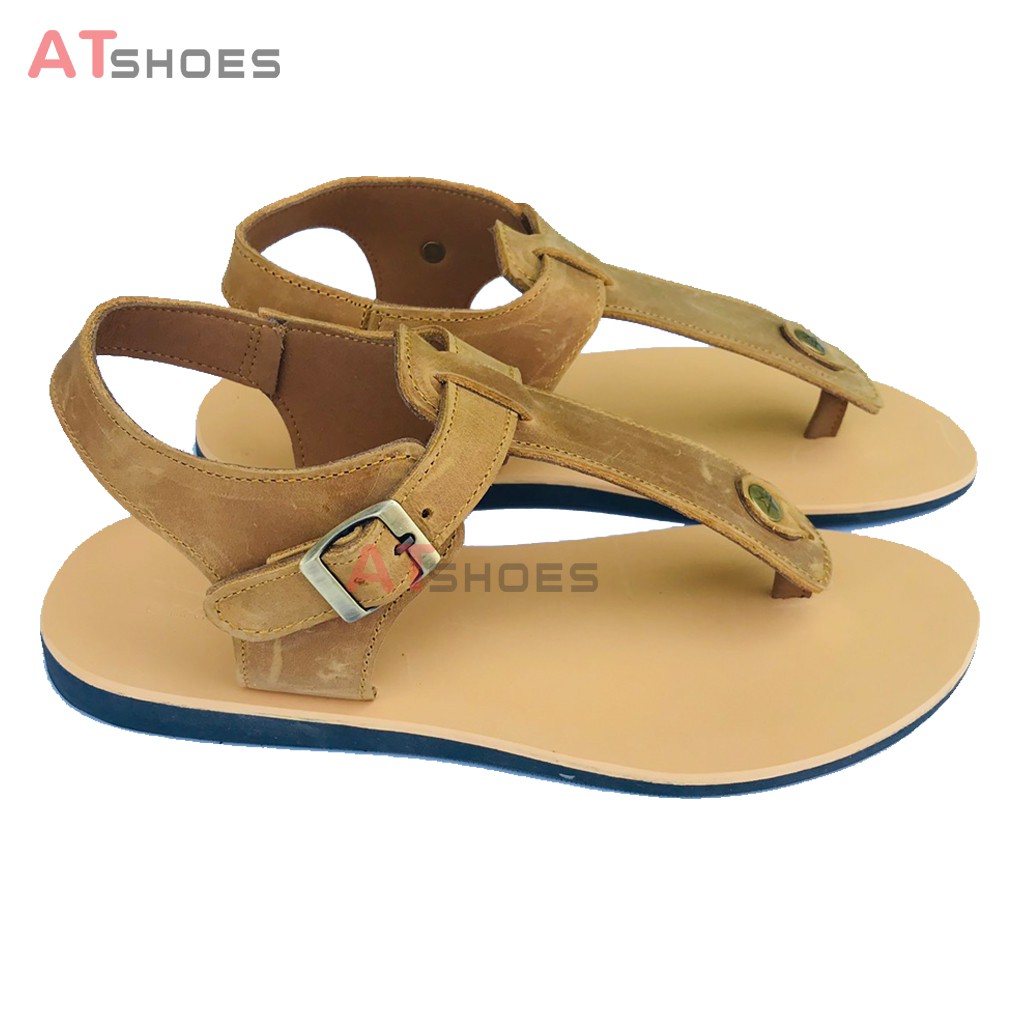 Dép Sandal Unisex cao cấp Da Bò Thật Sandal xỏ ngón nam nữ chuẩn kiểu Hàn Quốc Trẻ Trung Atshoes AT11 (Đen)