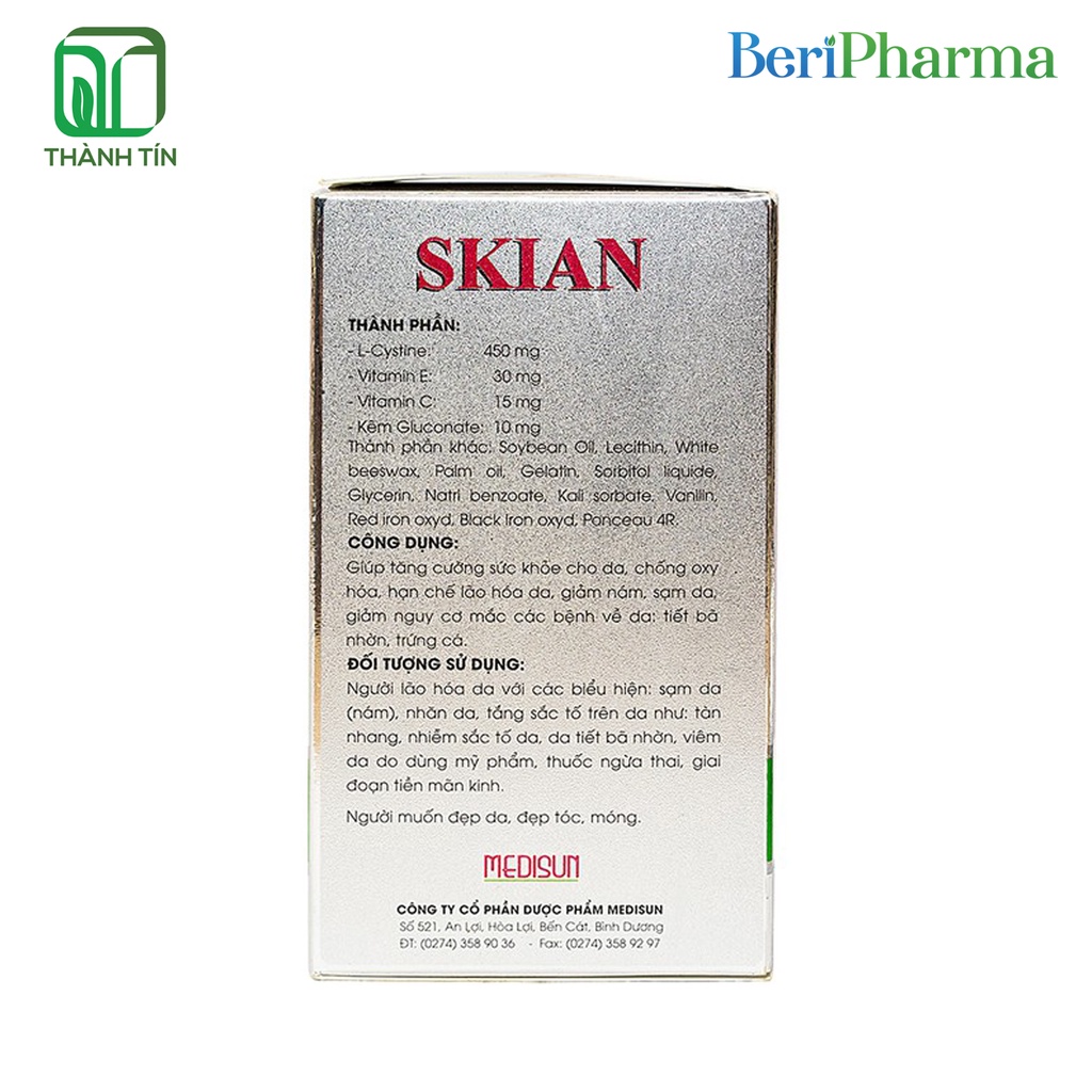 ✅ Skian Viên Uống Đẹp Da, Chống Lão Hoá, Giảm Nám, Sạm Da Chứa L-Cystine / L-cystin Hộp 60 Viên