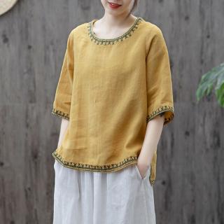Áo Cotton Lanh Cổ Tròn Thêu Họa Tiết Màu Sắc Phong Cách Retro Thời Trang Cho Nữ