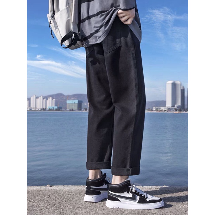 Quần Jeans Đen Nam Suông Đứng Basic, quần bò baggy nam ống rộng vải jeans cao cấp không phai màu