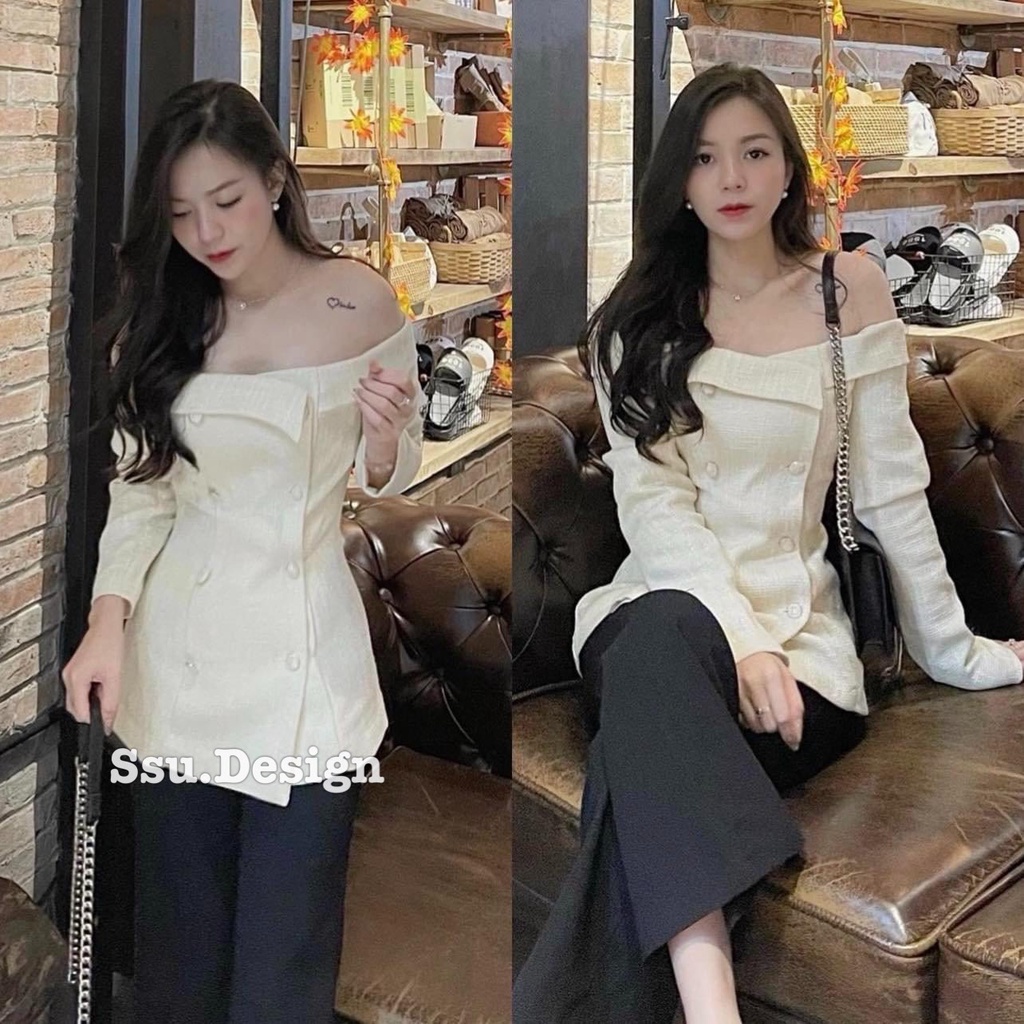 Áo Dạ Tweed Mỏng Trễ Vai 2lớp dài tay siu sang chảnh
