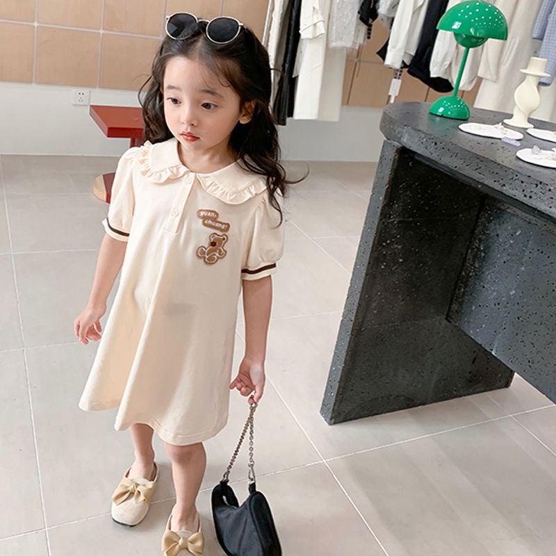 Đầm Cotton Cổ Búp Bê Hở Ngực Họa Tiết Gấu Hoạt Hình Thời Trang Mùa Hè Cho Bé Gái