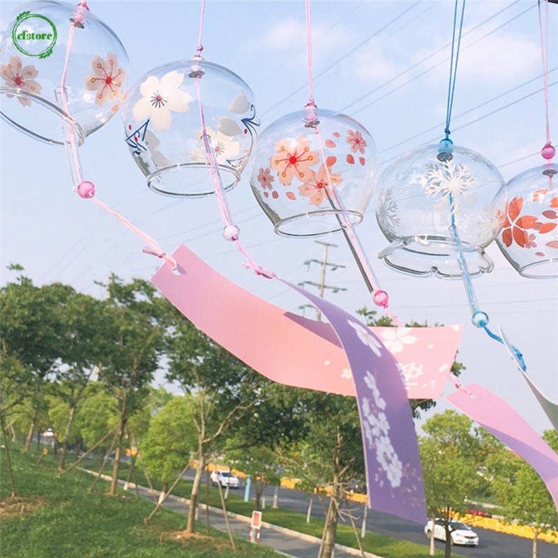 Chuông gió thủy tinh Furin mẫu HỒNG ĐÀO CÓ MŨ quà tặng Nhật Bản trang trí bàn học nhà cửa