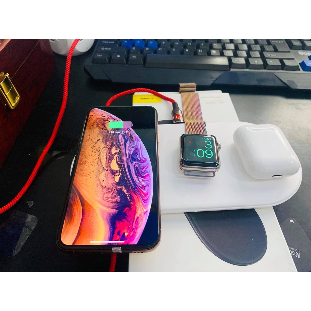 [FREESHIP]  Đế sạc không dây 3 in 1 cho IPhone samsung Apple watch Airpods - Phụ Kiện Chi Hà bảo hành 6 tháng