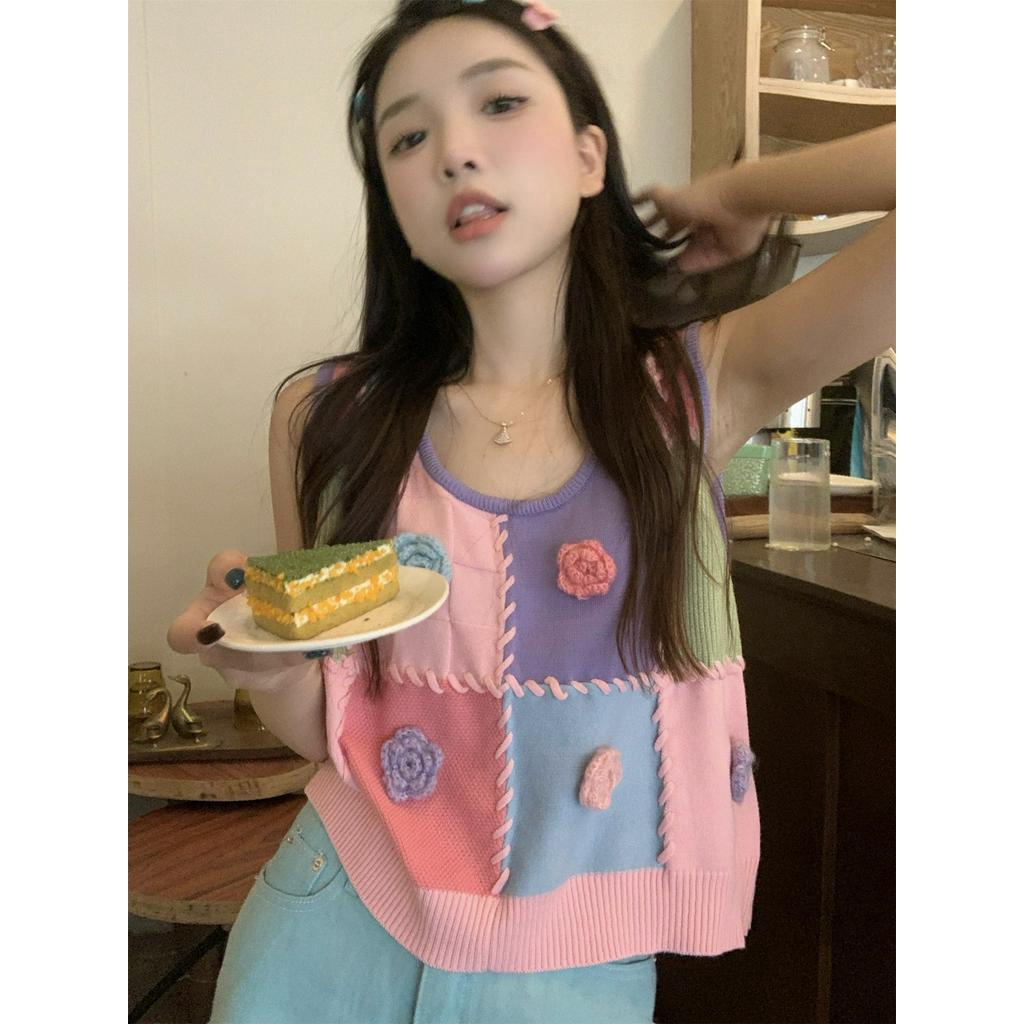 Áo Dệt Kim Ba Chiều Sọc Ca Rô Màu Tương Phản Dễ Thương 62120