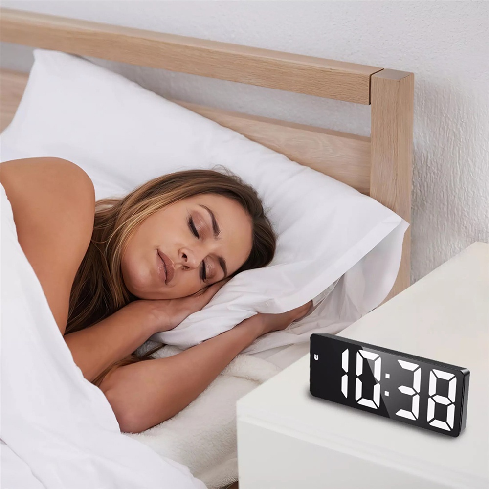 EKEZ Đồng hồ báo thức kỹ thuật số mặt gương đơn giản có đèn led và âm thanh phong cách nhật bản kèm cáp