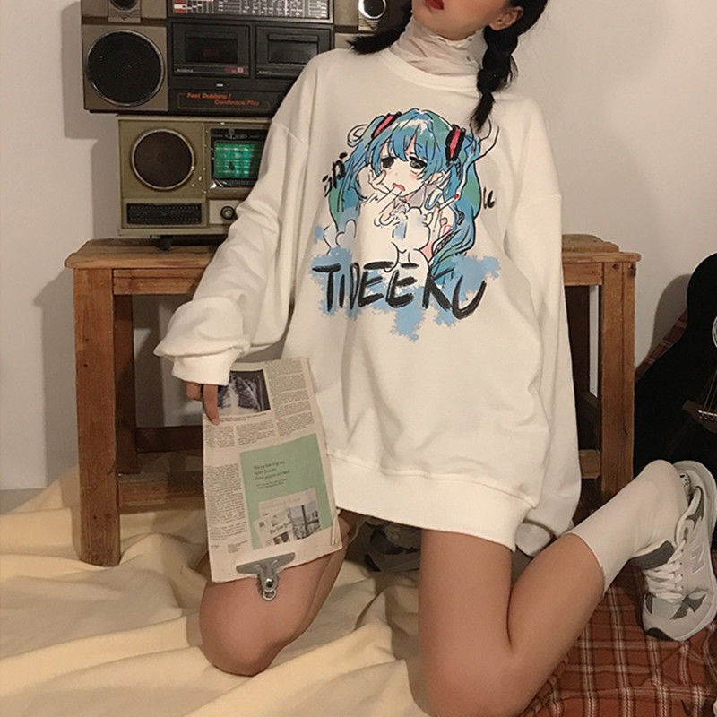 Áo Sweater Dáng Rộng Cổ Tròn In Hình Hatsune Miku Phong Cách Hàn Quốc Thời Trang Mùa Thu Mới Cho Nữ 2021