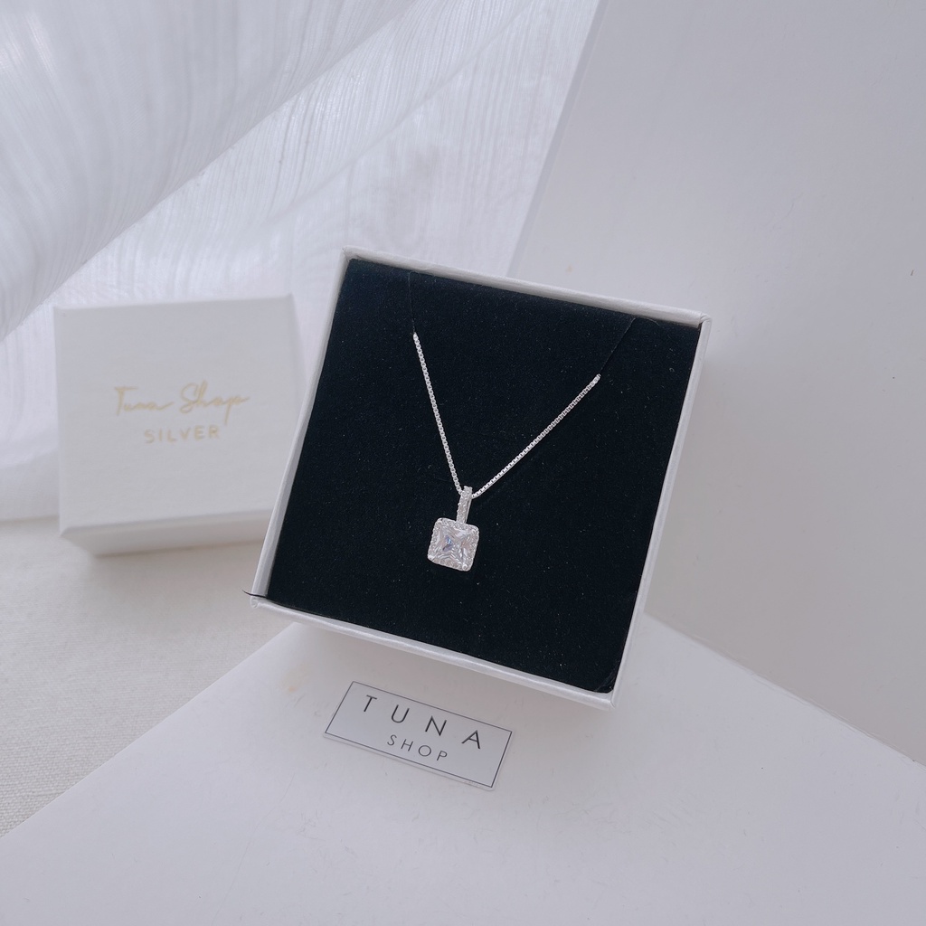 Dây chuyền Bạc gắn đá pha lê vuông lấp lánh cỡ lớn /Vòng cổ Bạc cao cấp_ 𝐂𝐚𝐦 𝐤𝐞̂́𝐭 𝐜𝐡𝐮𝐚̂̉𝐧 𝐁𝐚̣𝐜 _TUNA SILVER