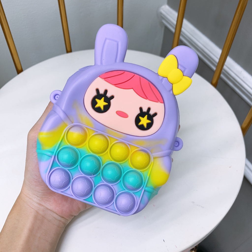 Túi silicon cho bé đeo vai 2023, túi đeo chéo trẻ em gái mini pop it dễ thương con thỏ bóp ít kèm dây đeo