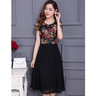 Đầm xòe chiffon cao cấp hoa mùa thu